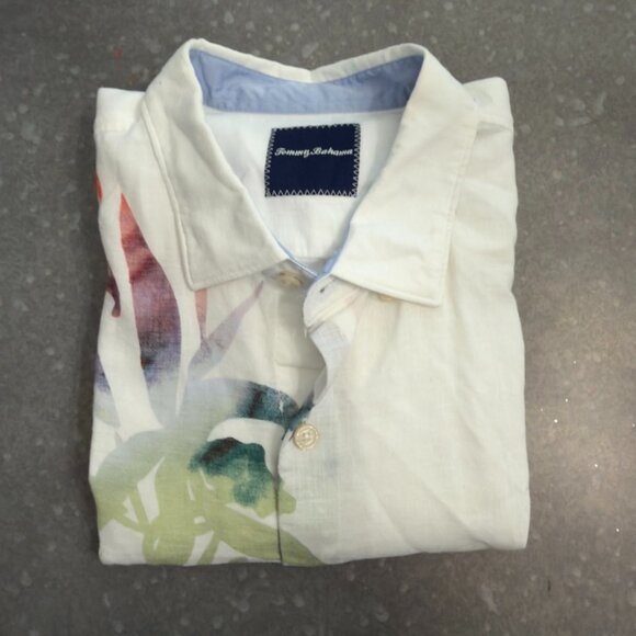 Tommy Bahama White Linen Blend Button-Down Shirt with Watercolor Floral Print - Picture 2 of 12